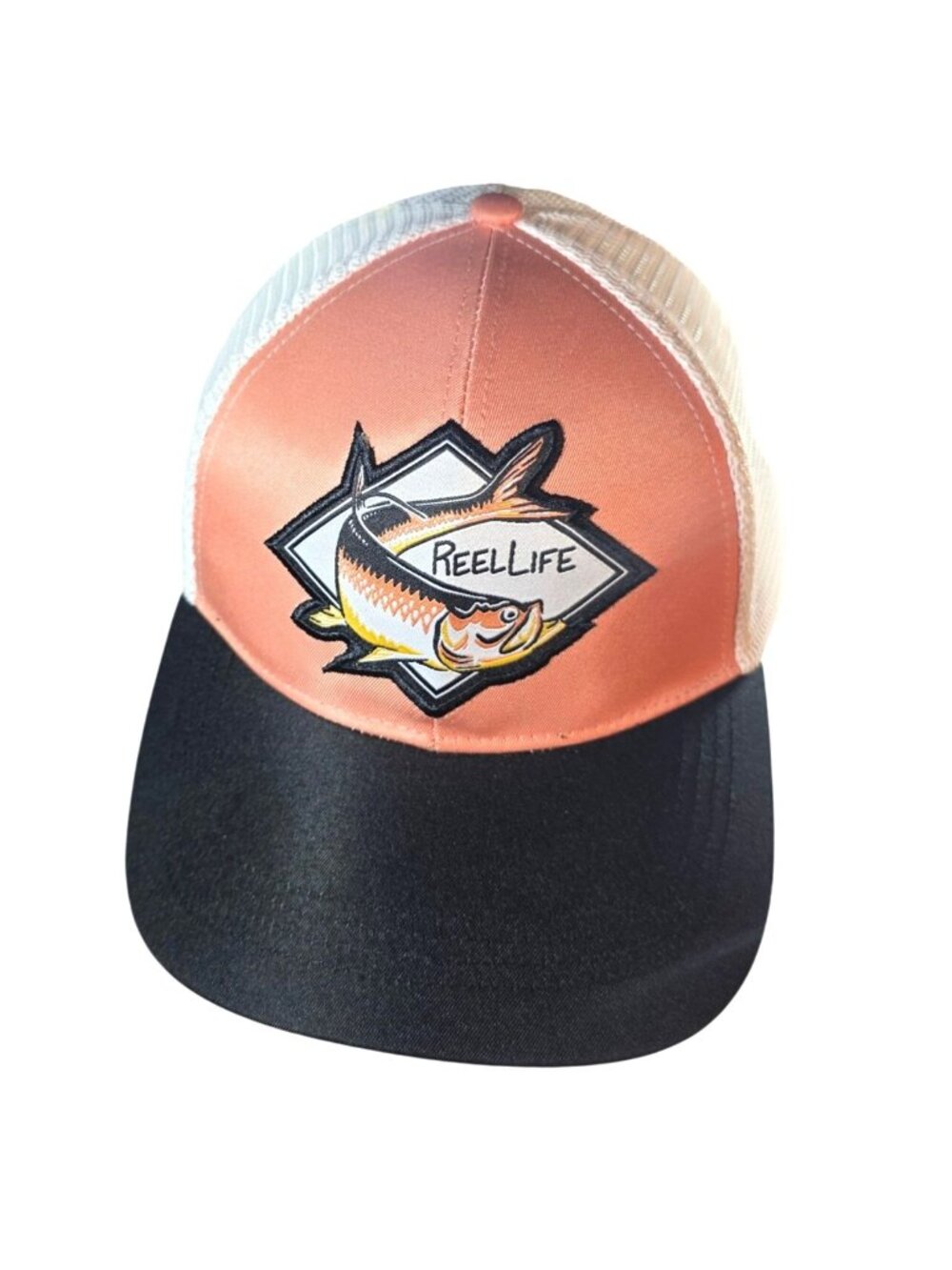 Reel Life Snapback Trucker Hat Orange Peach Fish Black Mesh Adjustable OSFM